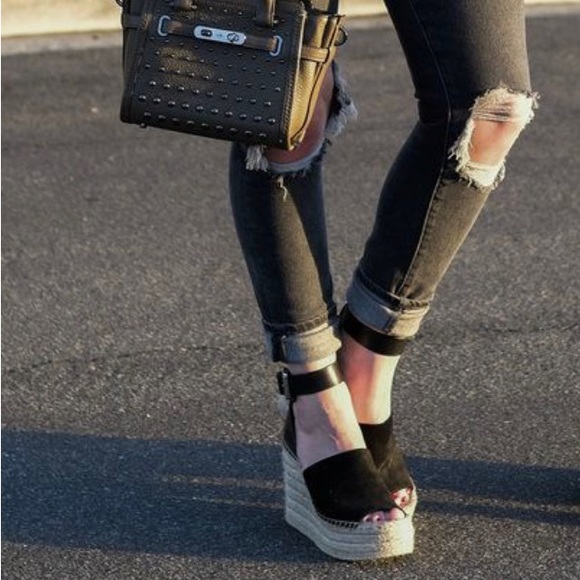 MARC FISHER Adalyn Black Leather/Suede Jute Wedge Platform Sandals 10 - Picture 9 of 13